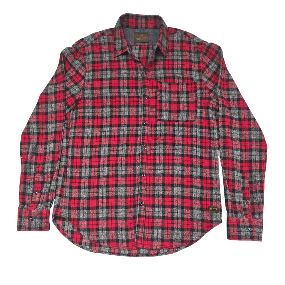 Scotch & Soda Flannel Shirt‎ Men XL Red Black Gray Plaid Button Down Long Sleeve